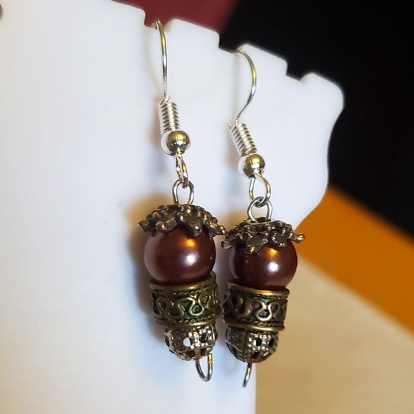 Silver Tone Hook Bronze Glass and Metal Earrings - Picture 2 of 3